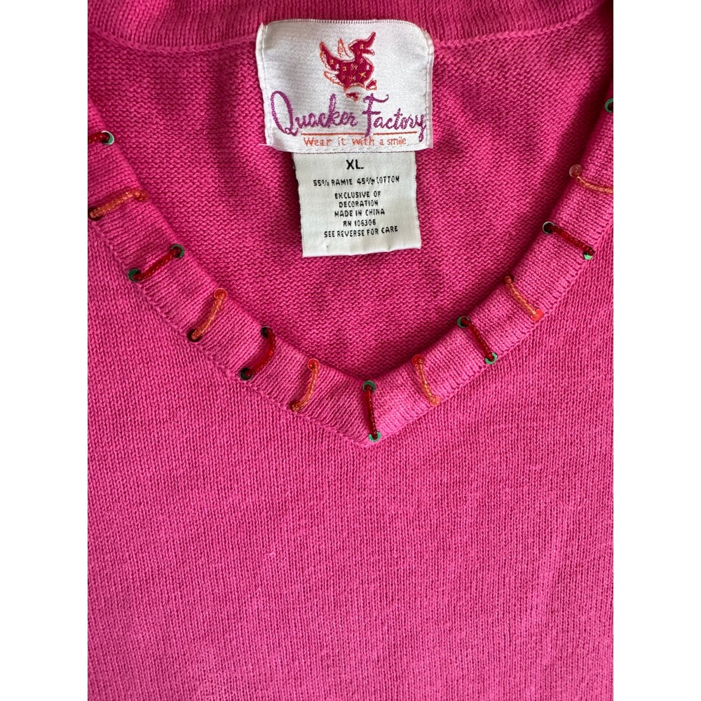 Quacker Factory Pink Cat Christmas Sweater XL Embroidered Beaded Holiday V-Neck - Picture 6 of 8